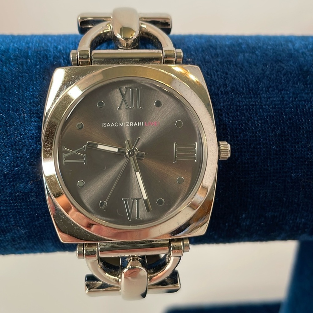 Isaac Mizrahi Watch Stainless Steel Case Horse Bit Style Grey Strap Watch